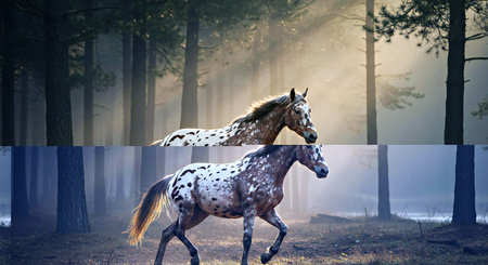 Two horses running in the misty autumn forest. 3d renderingの写真素材