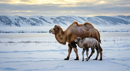 Bactrian camels in the snow at sunset.