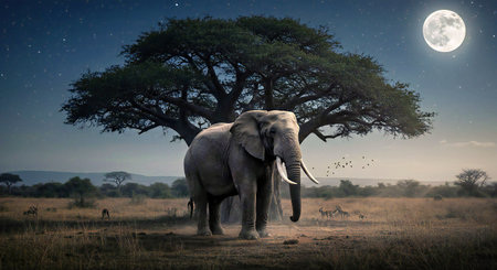Elephant in the savanna at night. African safari backgroundの写真素材