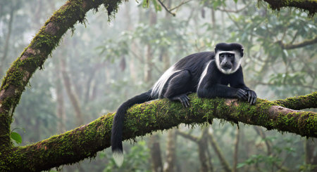 Black-and-white colobus monkey sitting on a branch