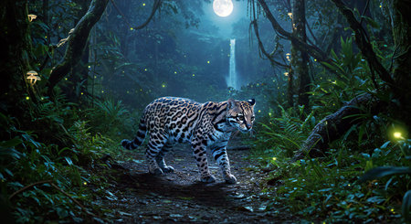 Jaguar walking in the jungle with full moon in the backgroundの写真素材