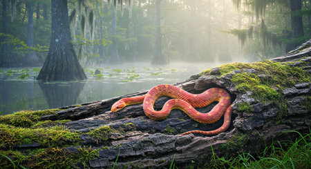 Red snake on a log in the misty forest at sunrise.