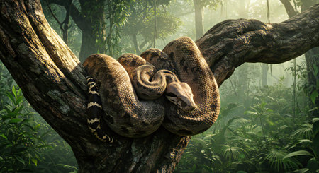 Reticulated python on a tree branch in a tropical rainforest