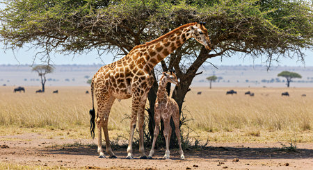 Giraffe mother with her baby in the savannah of Amboseli National Park in Kenyaの写真素材