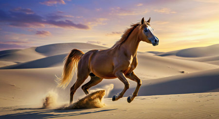 Horse in the desert at sunset. Arab horse in the sand dunesの写真素材