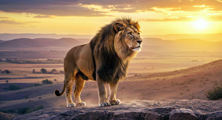 Lion on the rock at sunset in Namibia, Africa.
