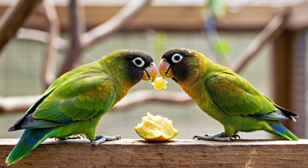 Lovebirds eating an apple