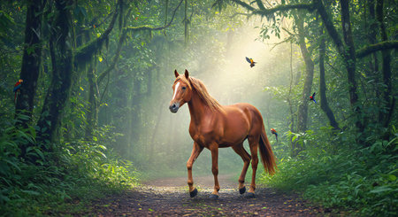 Horse in the green forest. Nature background. 3d renderingの写真素材