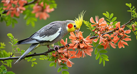 Cockatiel parrot perched on a branch with orange flowers