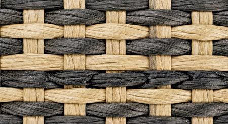 Closeup detail of brown and black woven rattan texture background.