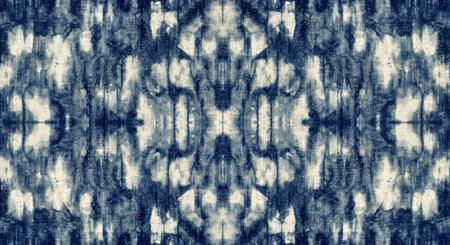 Seamless tie-dye pattern of indigo color on white silk. Hand painting fabrics - nodular batik. Shibori dyeing.の写真素材