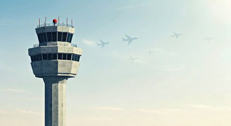 Airport control tower and airplane flying in the blue sky. 3d renderingの写真素材