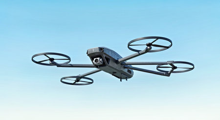 Drone with camera flying in the blue sky. 3d rendering