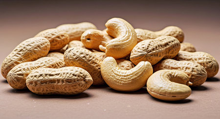 Heap of peanuts on brown background. Close-up shot.