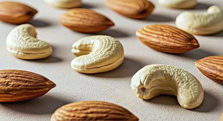 Close up of a lot of almond nuts on a white background.の写真素材