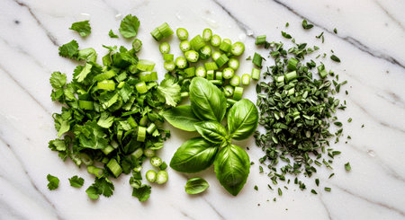 Ingredients for the preparation of pesto sauce on a white marble background