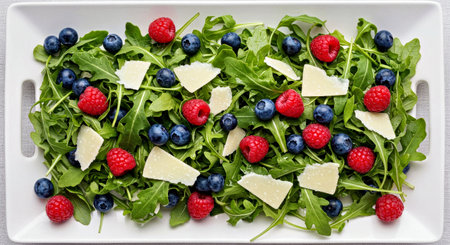 Fresh arugula salad with raspberries and parmesan