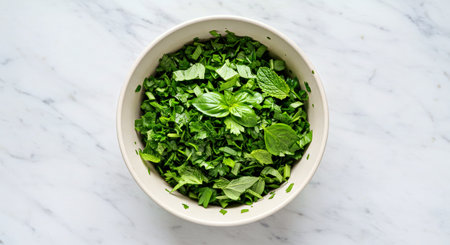Top view of fresh greens in a bowl on white marble background