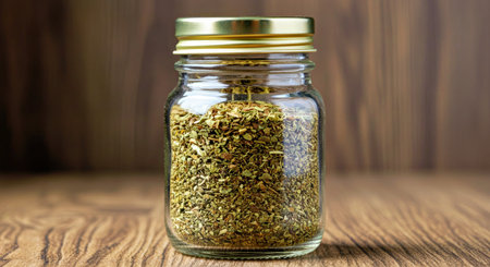 Dried oregano in a mason jar on wooden backgroundの写真素材