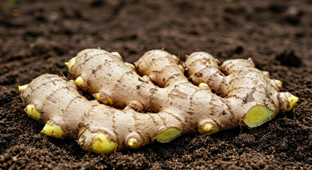 Ginger root on the ground in the garden. Healthy food concept.