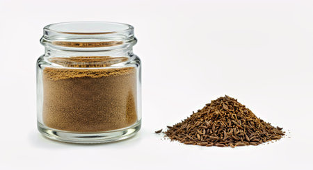 Pile of cumin seeds in a glass jar on white backgroundの写真素材