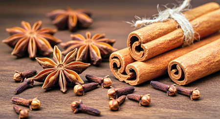 Cinnamon sticks, star anise and cloves on a wooden background