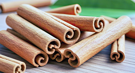 Cinnamon sticks on wooden table, close up. Selective focus.