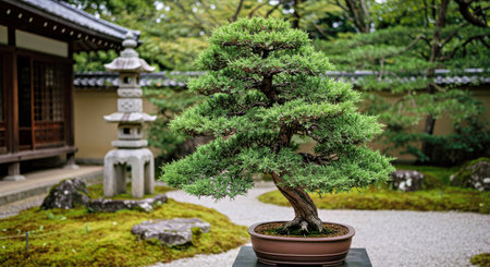 Bonsai tree in a Japanese garden in front of a templeの写真素材