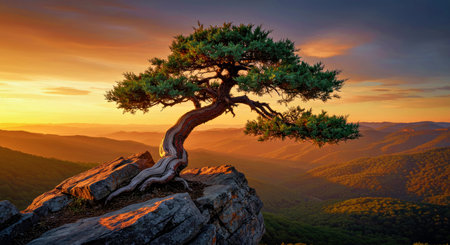 Beautiful bonsai tree on the peak of the mountain.