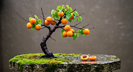 Bonsai tree with apricots in the rain in Paris, Franceの写真素材