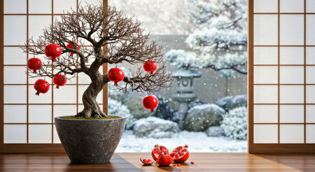 Japanese style interior design with bonsai tree and red pomegranateの写真素材