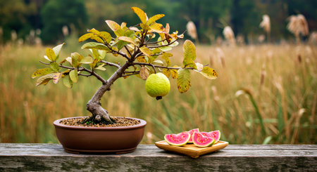 Bonsai tree on a wooden table with guava