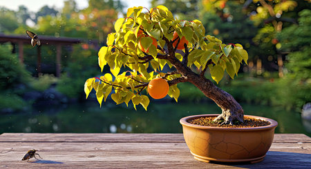 Bonsai tree with fruits on a wooden table in the gardenの写真素材