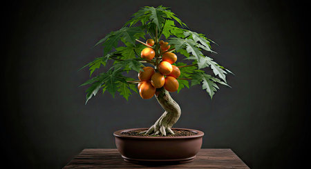 Tree in pot on wooden table. 3D renderingの写真素材