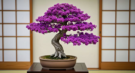 Japanese bonsai tree in a pot on a tatamiの写真素材