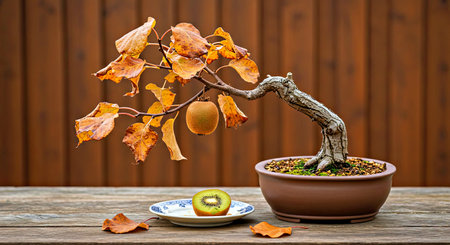 Kiwi and kiwi tree in pot on wooden background
