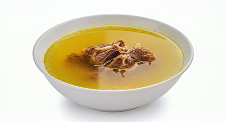 chicken soup on a white background in a white bowl, isolatedの写真素材