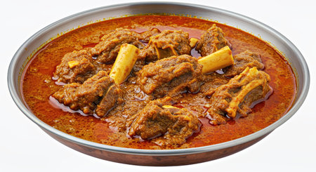 beef goulash in a bowl on a white background.
