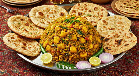 A bowl of chana masala curry served with naan breadの写真素材