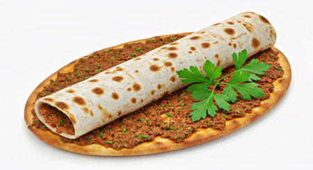 Pita bread with meat filling and parsley on a white backgroundの写真素材