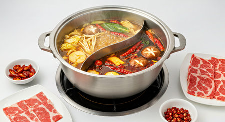 Korean hot pot with beef, vegetables and spices on white background