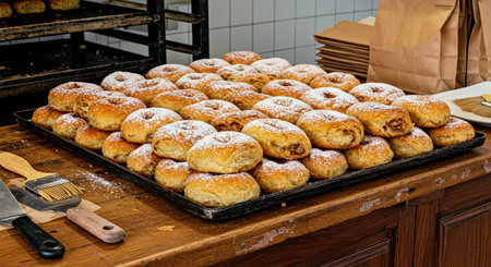 Baking in a bakery. Freshly baked buns on a baking tray.の写真素材