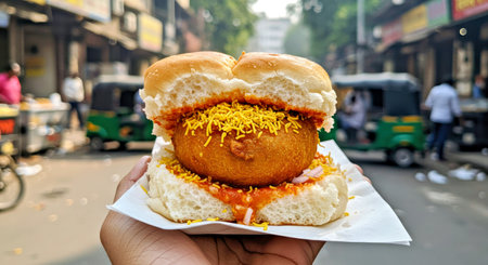 Crispy fried chicken burger in hand, Thai street food.の写真素材