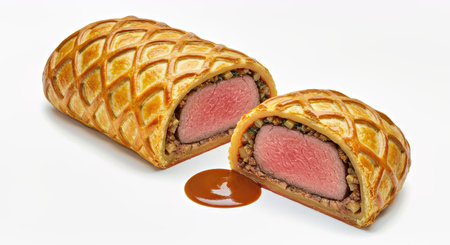 Puff pastry stuffed with meat and sauce on a white background.の写真素材
