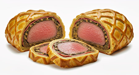 Puff pastry filled with meat and mushrooms on a white background.の写真素材