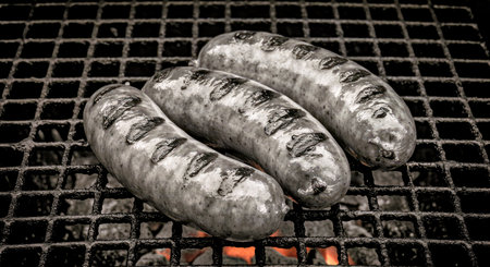 Grilled sausages on the barbecue grill. Toned.