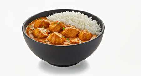 Chicken tikka masala in a bowl with rice on white backgroundの写真素材