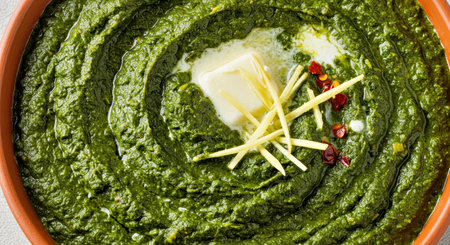 Spinach cream soup with parmesan cheese, top view