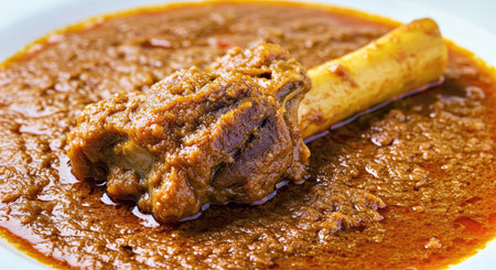 Traditional malaysian mutton curry in a bowl. Selective focus.