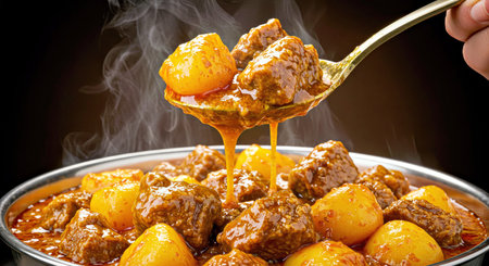 Beef stew with potatoes in a metal spoon, close-upの写真素材